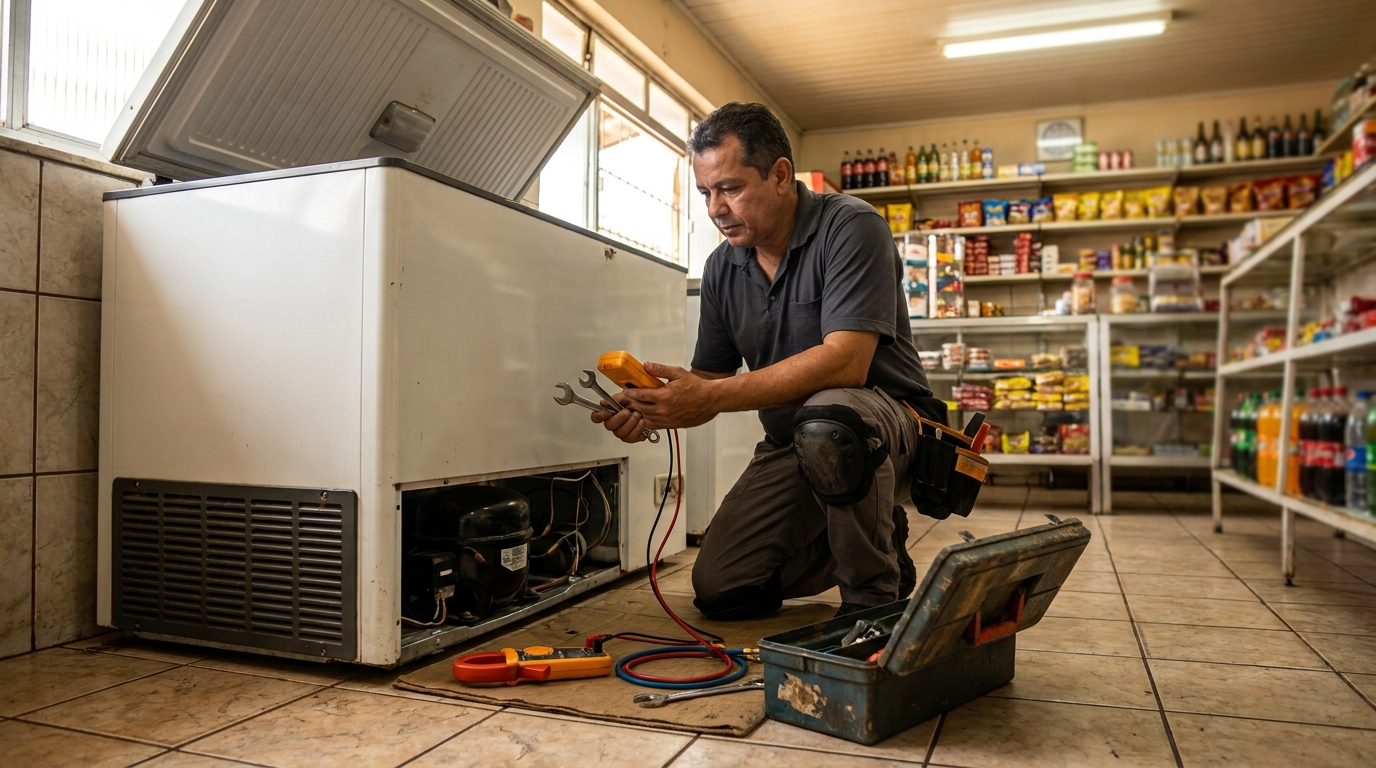 Técnico realizando manutenção de motor de freezer em Vila Velha‑ES