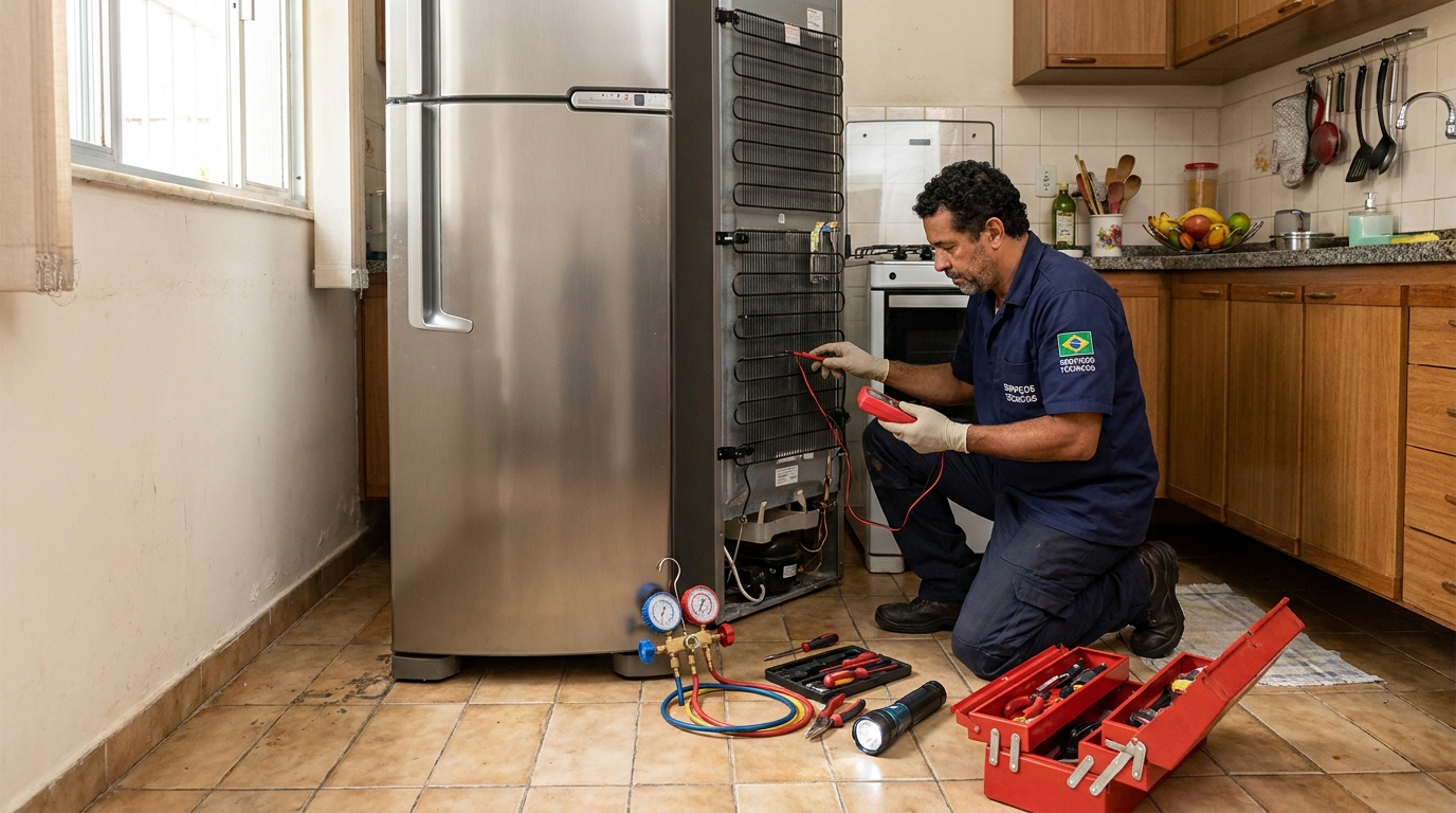 Técnico realizando manutenção de motor de geladeira em Vila Velha‑ES